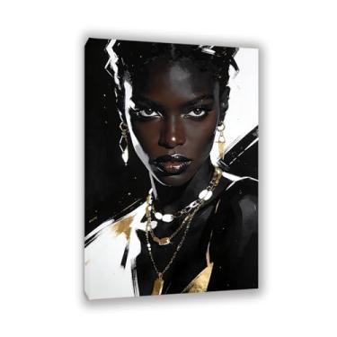 Imagem de Retrato abstrato de mulheres negras afro-americanas arte de parede em tela dourada e preta para sala de estar, quarto, decoração de casa, pronto para pendurar, moldura de 120 x 80 cm (47 x 32 pol.)