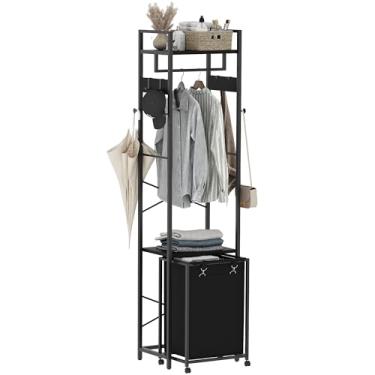 Imagem de Yifeel Cabideiro com cesto de roupa suja, cesto de lavanderia, árvore de corredor independente, suporte para roupas com prateleiras de armazenamento, sacos removíveis de 35 litros sobre rodas, preto
