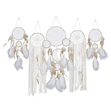 Imagem de Cryfokt Bohemian Feather Moon and Star Cabeceira Dream Catcher Decoração de Parede Decoração Suspensa para Quarto Sala de Estar Quarto Infantil Escritório, Conjunto de 5, Pacote de Caixa de Presente