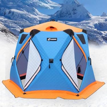 Imagem de Abrigo portátil para pesca no gelo, Abrigo para pesca no gelo com entrada para aquecedor e chaminé, Barraca hexagonal de inverno, Dobrável com isolamento de dupla camada (6 a 12 pessoas)-Blue||2.2