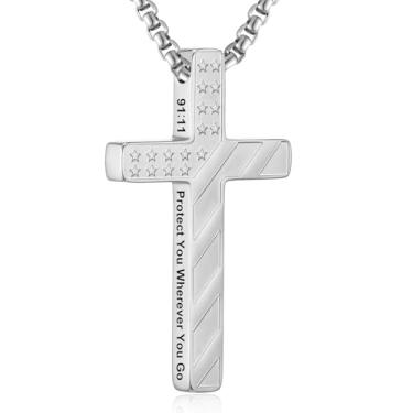 Imagem de RWQIAN Colar de cruz com bandeira americana para homens, corrente masculina com pingente de cruz e versículo da Bíblia de aço inoxidável, colar de crucifixo para cristãos, adolescentes, batismo