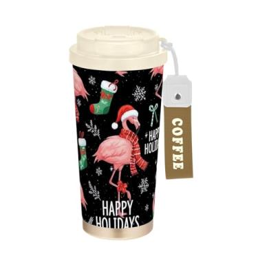 Imagem de Caneca de viagem de café 40 ml com canudo e tampa, copo de café de viagem de aço inoxidável à prova de vazamento para escritório, escola, festa, acampamento, flamingos rosa de Natal, preto