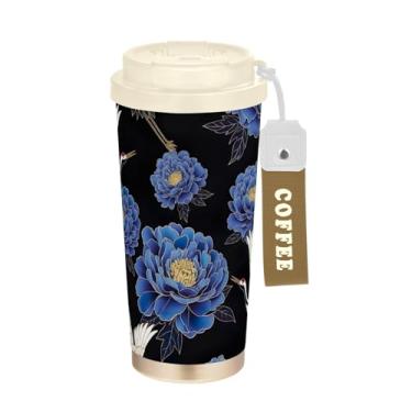 Imagem de TSENQUE Caneca de café de viagem de 473 ml com tampa de canudo e filp, copo de café de viagem de aço inoxidável isolado a vácuo à prova de vazamento, guindastes peônia azul preto