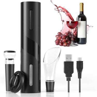 Imagem de Abridor de Vinho Elétrico Recarregável USB, Saca Rolhas Automático com Cortador de Lacre, Aerador e Cabo USB, Preto