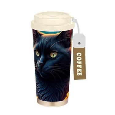Imagem de TSENQUE Copo de café de viagem de 473 ml com tampa de canudo e filp, copos de parede dupla isolados a vácuo com revestimento cerâmico, flores flamejantes noturnas de gato preto
