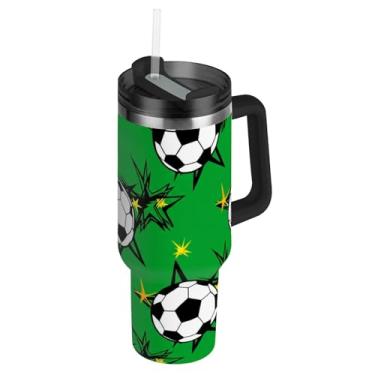 Imagem de Joisal Bolas de futebol pretas e brancas copos verdes com tampas e impressão de canudo Copo de 1,134 g com alça Garrafas de água isoladas carros de aço inoxidável xícara de café bebida quente