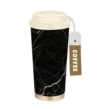 Imagem de TSENQUE Caneca de café de viagem 40 ml com canudo e tampa, copo de café de aço inoxidável à prova de vazamento para acampamento, festa escolar de escritório, acampamento, preto e branco por toda parte