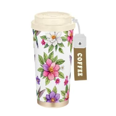 Imagem de TSENQUE Caneca de café de viagem 16+ Oz, copo de café com revestimento cerâmico com tampa e canudo, copo isolado a vácuo de aço inoxidável, floral de beija-flor vibrante rosa