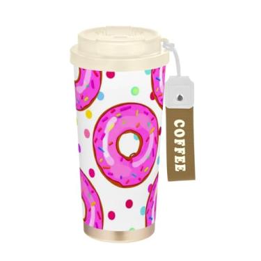 Imagem de TSENQUE Caneca de café de viagem 40 ml com canudo e tampa, revestimento cerâmico, isolamento a vácuo, aço inoxidável, copo de café à prova de vazamento, rosquinhas rosa fofas