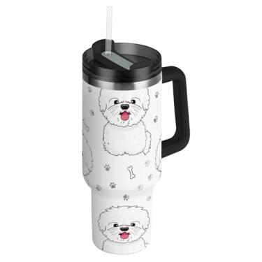 Imagem de Copos de aço inoxidável com tampas e canudo fofos cachorros brancos carros copo de café bebida quente copo térmico com alça garrafas de água isoladas 1,134 g