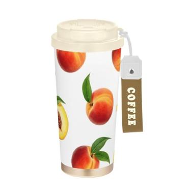 Imagem de TSENQUE Copo de café de 473 ml com revestimento cerâmico, copo de café de viagem de aço inoxidável com canudo e tampa de enchimento, copo isolado a vácuo, fatias de pêssego, frutas, rosa, branco