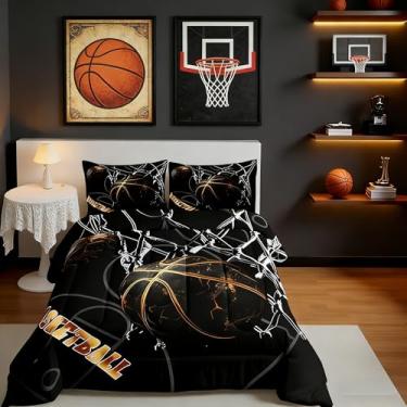 Imagem de Manfei Conjunto de edredom de basquete 3D, tamanho casal, quadra de basquete, para decoração de quarto de crianças, meninas, meninos, moderno, preto, dourado, edredom, 3 peças com 2 fronhas