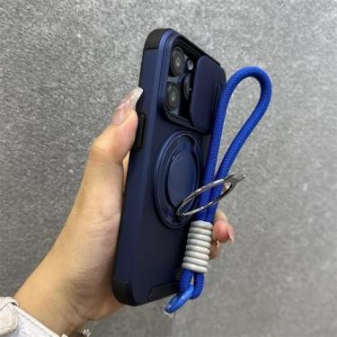 Imagem de Capa com suporte de anel giratório e cordão para iPhone 16, 15 Pro Max, 14 Plus, 11, 13, 12, alça de pulso, capa deslizante para câmera, azul, para iPhone 15