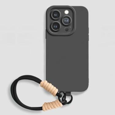Imagem de Capa de celular com alça de pulso para iPhone 16E 14 15 16 Plus 12 11 13 Pro Max Mini X XR XS MAX, capa macia de silicone líquido, preta, para iPhone 13
