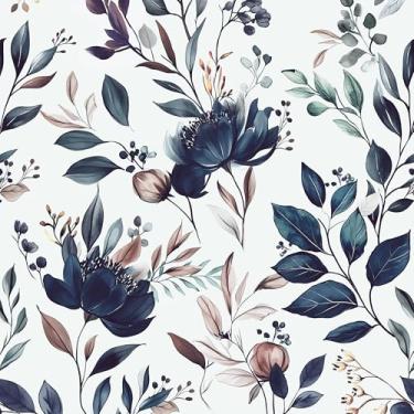Imagem de Yasinet 43 cm × 78,7 cm Papel de parede floral descascar e colar papel de parede folha azul marinho vintage papel de contato floral removível autoadesivo à prova d'água para cozinha, banheiro, quarto
