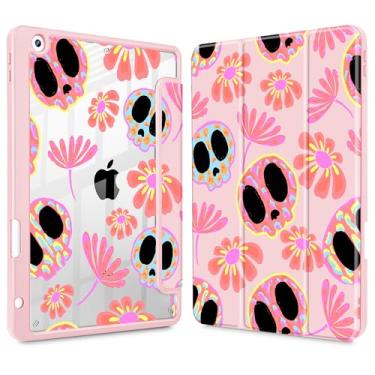 Imagem de Mektron Capa impressa para iPad de 10,2 polegadas 2021/2020/2019, para iPad 9ª/8ª/10ª geração, porta-lápis embutido com capa à prova de choque capa transparente + suporte de três dobras, caveira e