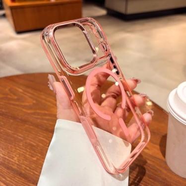 Imagem de SFDSUH Capa transparente magnética para carregamento sem fio do iPhone 16 Pro com anel de lente de metal e capa rígida de acrílico (para iPhone 16 Pro/Rosa)