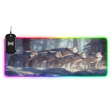 Imagem de CEBUGI Wolves Mouse Pad de carregamento sem fio 15 W rápido para jogos com 14 iluminação LED RGB para jogos, PC, laptop, mesa 90,9 x 39,9 cm