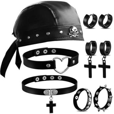 Imagem de Chicingyou Conjunto de 7 peças bandana de couro para motociclistas, conjunto de brincos cruzados para mulheres, acessórios góticos