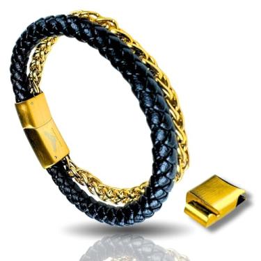 Imagem de RogueRaven Pulseira masculina de couro preto Premium I | Couro trançado genuíno: designs de corrente simples, dupla, empilhada e de aço inoxidável | Pulseira masculina de couro genuíno com fecho de