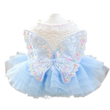 Imagem de Vestido de princesa para cães e gatos, saia de tule de borboleta de fada, blusa de malha branca com fundo inchado azul, coleira de renda, asas bordadas, roupa de filhote de gatinho 3,8-4,5 kg (azul