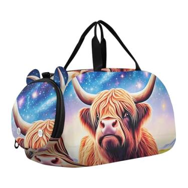 Imagem de Bolsa esportiva de viagem para meninos, fim de semana, bolsa de viagem para academia infantil, Vaca highland brilhante colorida, Clássico