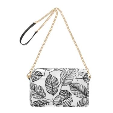Imagem de Joitme Tropical Leaves Bolsa feminina preta branca bolsa tiracolo de couro PU bolsa de ombro com alça de corrente bolsa de telefone fofa