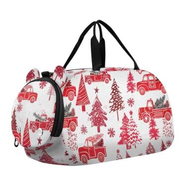 Imagem de Adorável bolsa esportiva cinza e rosa para meninas, bolsa de viagem para o fim de semana, bolsa esportiva para meninos, compartimento de sapatos, Caminhão vermelho com árvores de Natal branco