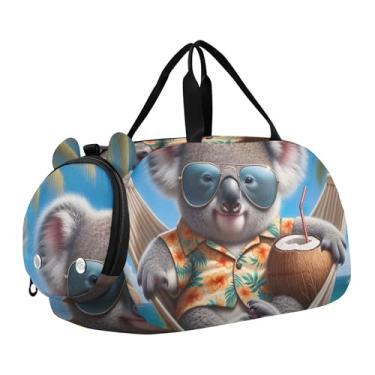 Imagem de Bolsa esportiva para meninos, fofa, coala, pôr do sol, romance, fim de semana, para viagem, bolsa de ginástica, bagagem infantil, Praia tropical Koala Hammock, Clássico