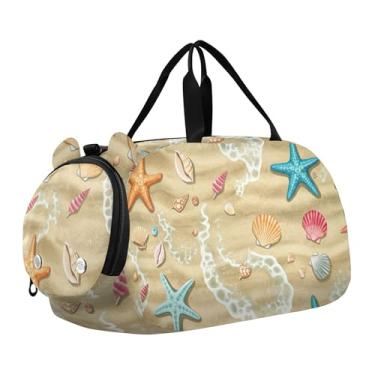 Imagem de Bolsa esportiva para meninos com desenho animado colorido de gatos rosa vibrante durante a noite para meninas para viagem, academia, bagagem infantil, Conchas coloridas de estrela-do-mar para praia