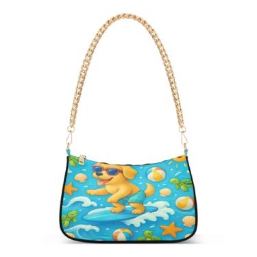 Imagem de Linda bolsa de ombro dourada com corrente de cachorro, bolsa Hobo de poliéster com estampa artística para uso diário e festa