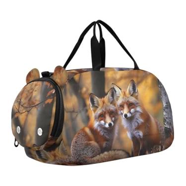 Imagem de Bolsa esportiva de Natal para meninas Highland Cow, bolsa de viagem para fim de semana, compartimento para sapatos noturnos, bolsa esportiva para meninos, Autumn Forest Foxes 2, Clássico