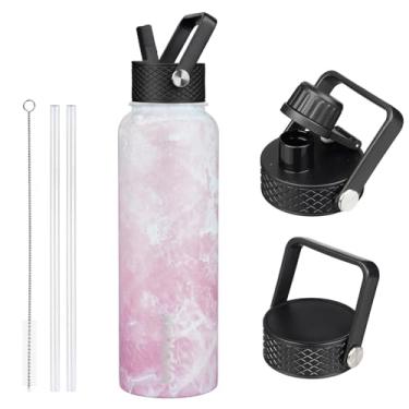 Imagem de BJPKPK Garrafas de água isoladas com tampa de palha, garrafas de água de aço inoxidável de 1,18 l com 3 tampas, garrafa térmica à prova de vazamento sem BPA, copos, copos para esportes, flor de