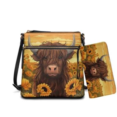 Imagem de Rchsomd Bolsa tiracolo feminina de couro PU com conjunto de bolsa - alça transversal ajustável Hobo e conjunto de carteira para festa, Estampa de girassol de vaca Highland, One Size