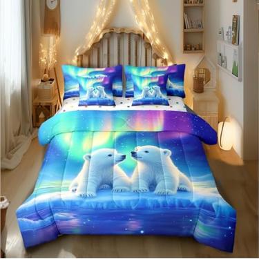 Imagem de Jogo de cama com estampa de urso polar, 7 peças, kawaii, urso pequeno, vida selvagem, arco-íris, aurora, galáxia, céu (1 edredom, 2 fronhas, 2 fronhas, 1 lençol de cima, 1 lençol com elástico)