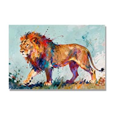 Imagem de NHLDZYH Pintura de leão colorida, impressão de arte abstrata vibrante, decoração de parede de animais selvagens e enérgicos, tela contemporânea moderna para quarto, academia, quarto de crianças. A56