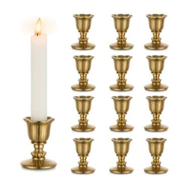 Imagem de Castiçais de vela afunilados vintage, varas douradas de latão estilo vitoriano para mesa de Natal, recepção de casamento, advento festivo, decorações de festa de Ação de Graças, conjunto de 12