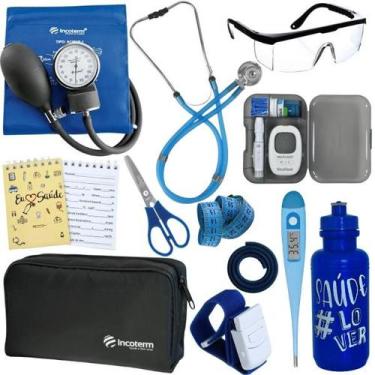 Imagem de Kit Enfermagem Estágio Aparelho Pressão Estetoscópio Medidor Glicose -