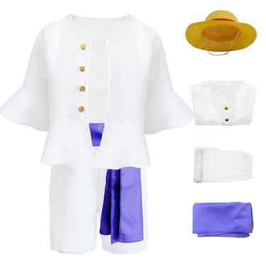 Imagem de Conjunto de fantasia de cosplay de anime, top com shorts, cinto, chapéu de palha amarelo para festa de Halloween para adultos, roupa masculina, Branco, XXG