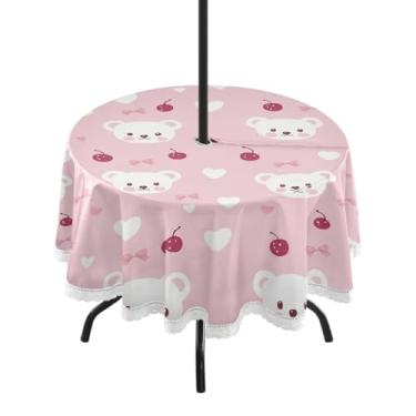 Imagem de Wassud Toalha de mesa redonda para uso ao ar livre com orifício para guarda-chuva, toalhas de mesa de rosto de urso fofas de 152 cm, toalhas de mesa para aniversário, casa de fazenda, cozinha