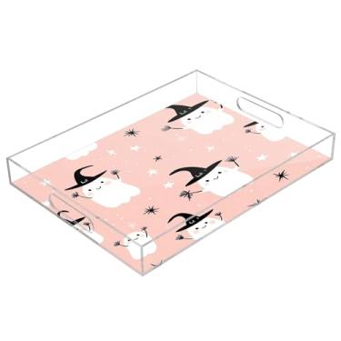 Imagem de xigua Bandeja de servir de acrílico fantasma de Halloween com alças à prova de derramamento, bandejas decorativas de festa de Halloween, bandeja organizadora de bancada para banheiro, cozinha, 30,5 x