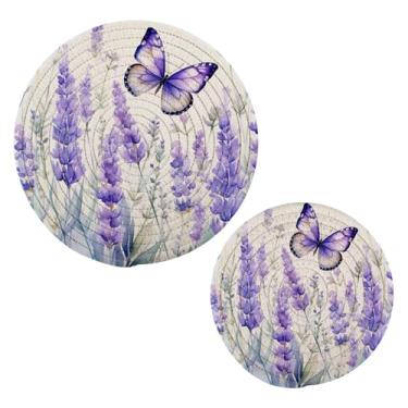 Imagem de Wassud Suportes redondos de lavanda e borboleta, trivets de algodão, almofadas quentes, porta-copos elegantes, decoração de cozinha e acessórios, 2 peças