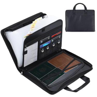 Imagem de Pomodee Organizador de arquivos sanfonado à prova de fogo, pastas de arquivos portáteis com zíper e alça, organizador de documentos com vários bolsos para arquivos de letras A4, 13 bolsos pretos