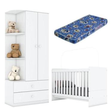 Imagem de Berço Nacional e Guarda Roupa Infantil Labirinto Branco Brilho com Col