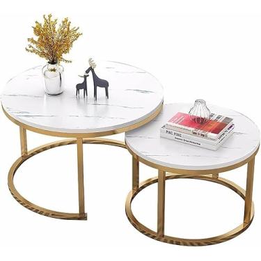Imagem de Conjunto De 2 Pcs Mesa De Café Empilhável Mesa De Café Redonda Mesas Redondas Aninhadas Mesas Laterais Redondas Montagem Robusta E Fácil Para Casa Escritório Sala De Estar, 60+80CM