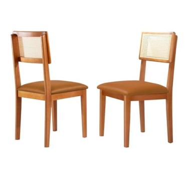Imagem de Kit 2 Cadeiras de Jantar Estofada de Madeira com Encosto em Rattan - Holanda (Couro Marrom)