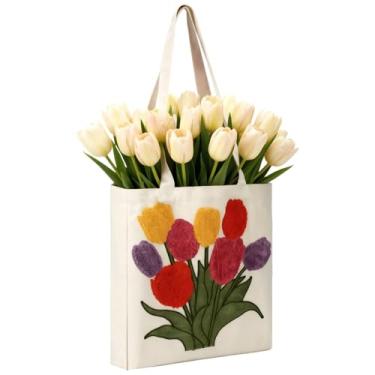 Imagem de Sadnyy Bolsa feminina com bordado estético, tulipa de primavera, reutilizável, bolsa de ombro com alças para compras, compras, compras, praia, livro, presente, academia, decoração de primavera