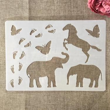 Imagem de TIAMECH A4 Estêncil reutilizável de cavalo elefante para pintura - Modelo de sobreposição de borboleta, arte de parede DIY, móveis de madeira, álbum de recortes e artesanato (21 x 29,7 cm)