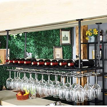 Imagem de SGeneE Rack de vinho preto ferro forjado prateleira de armazenamento suspensa no teto garrafa de vinho taça champanhe suporte para copos bar doméstico prateleiras de exibição criativa organizador