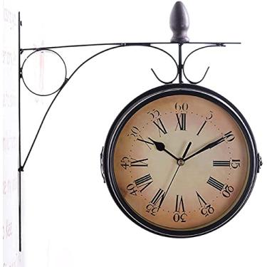 Imagem de SLGGPJBU Relógio de parede artístico relógio de estação relógio de parede dupla face exterior frente e verso, relógio de estação antiga estilo europeu para montagem ao ar livre B relógio de decoração